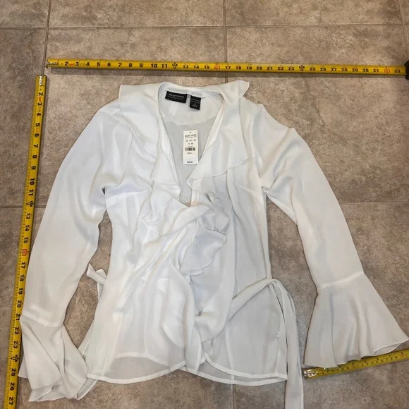 New York & Company White Ruffle Front V-Neck Blouse - Picture 8 of 9